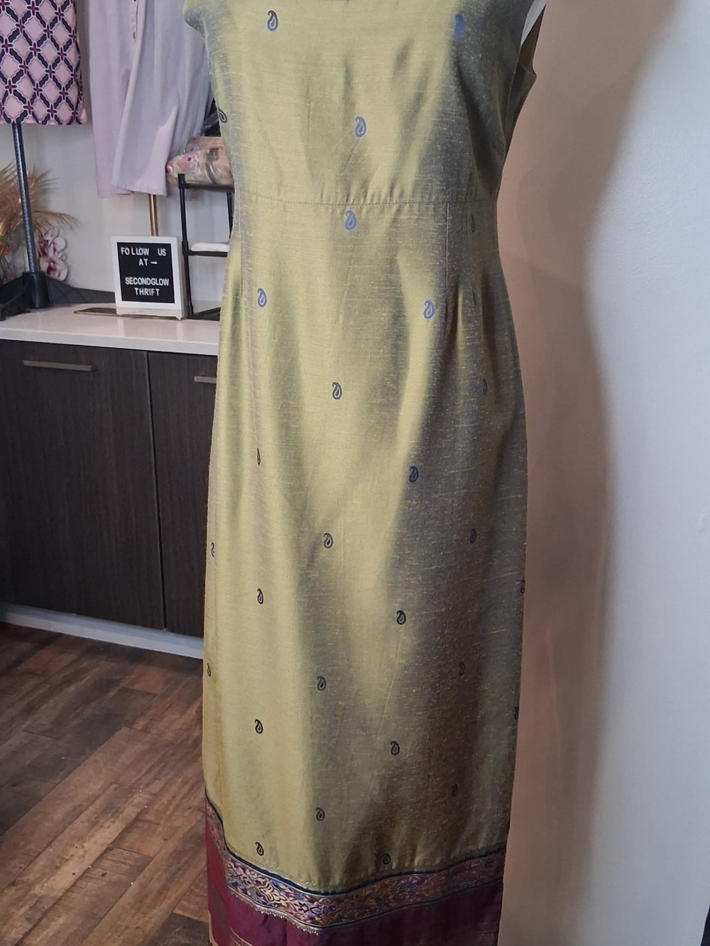 Vintage BLEU BLANC ROUGE Silk Maxi Dress Paisley Chartreuse Gold Border Size 36